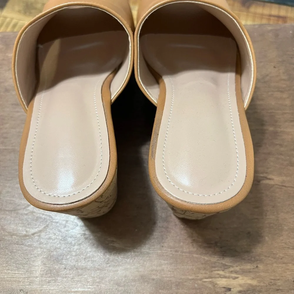 Elegant Tan Wedge Mules Sz 6